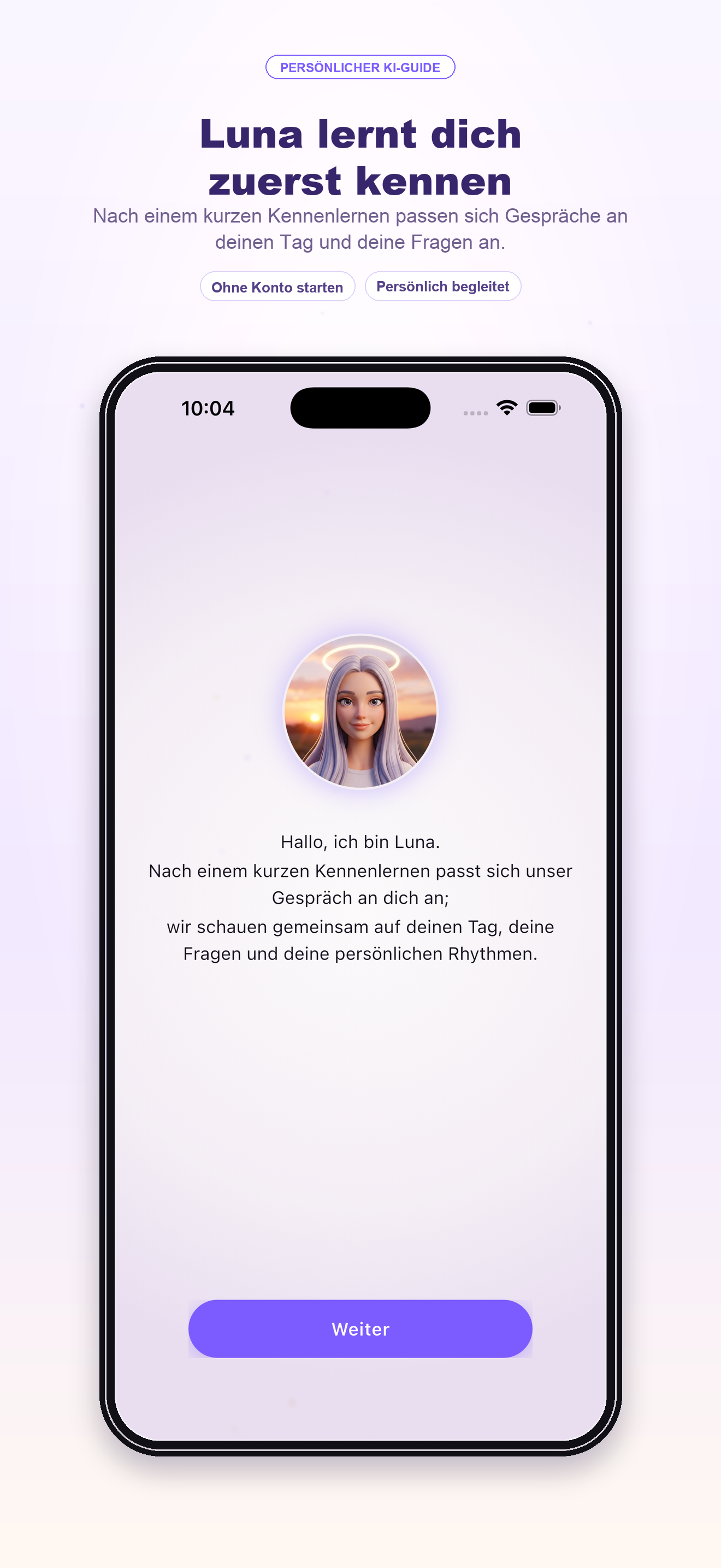 Moon Shine AI Begrüßungsbildschirm — Luna lernt dich kennen