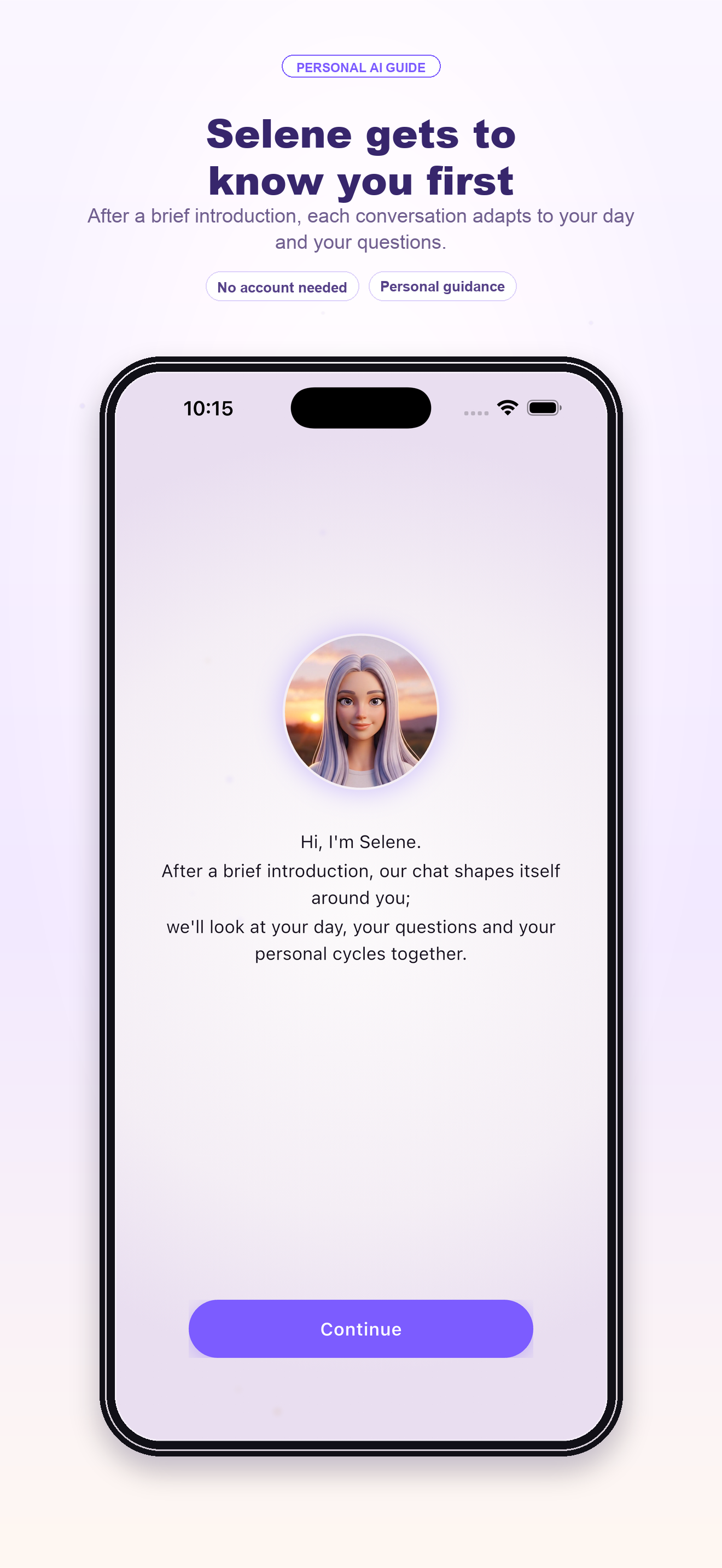 Moon Shine AI intro screen — meet Selene
