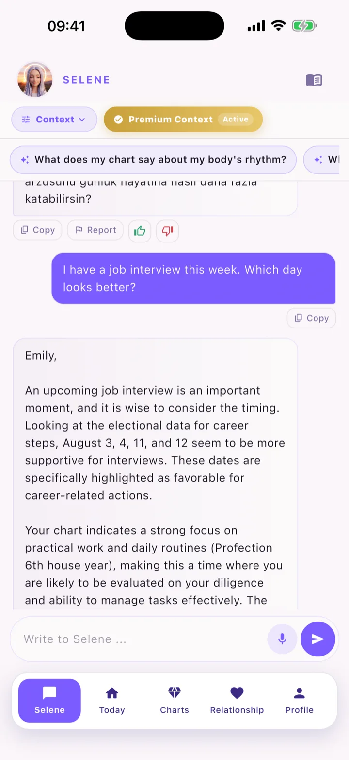 Selene chat screen — context center