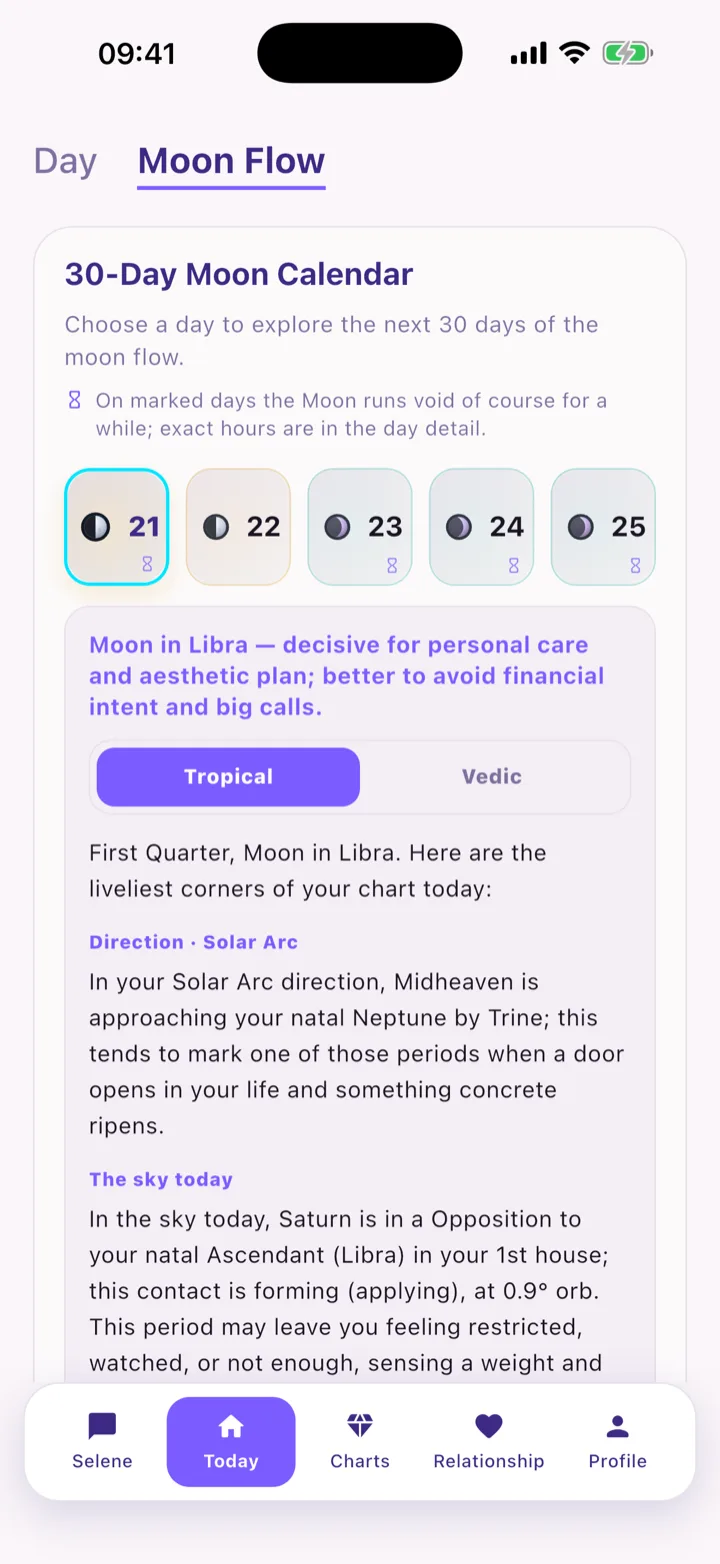 Selene intro screen — AI astrologer