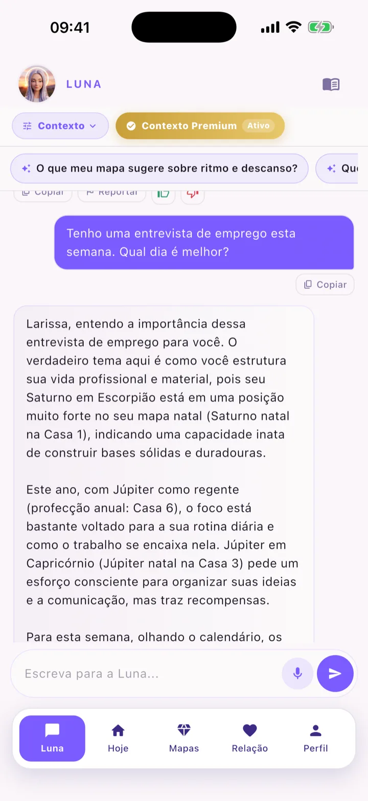 Tela de chat com Luna — centro de contexto