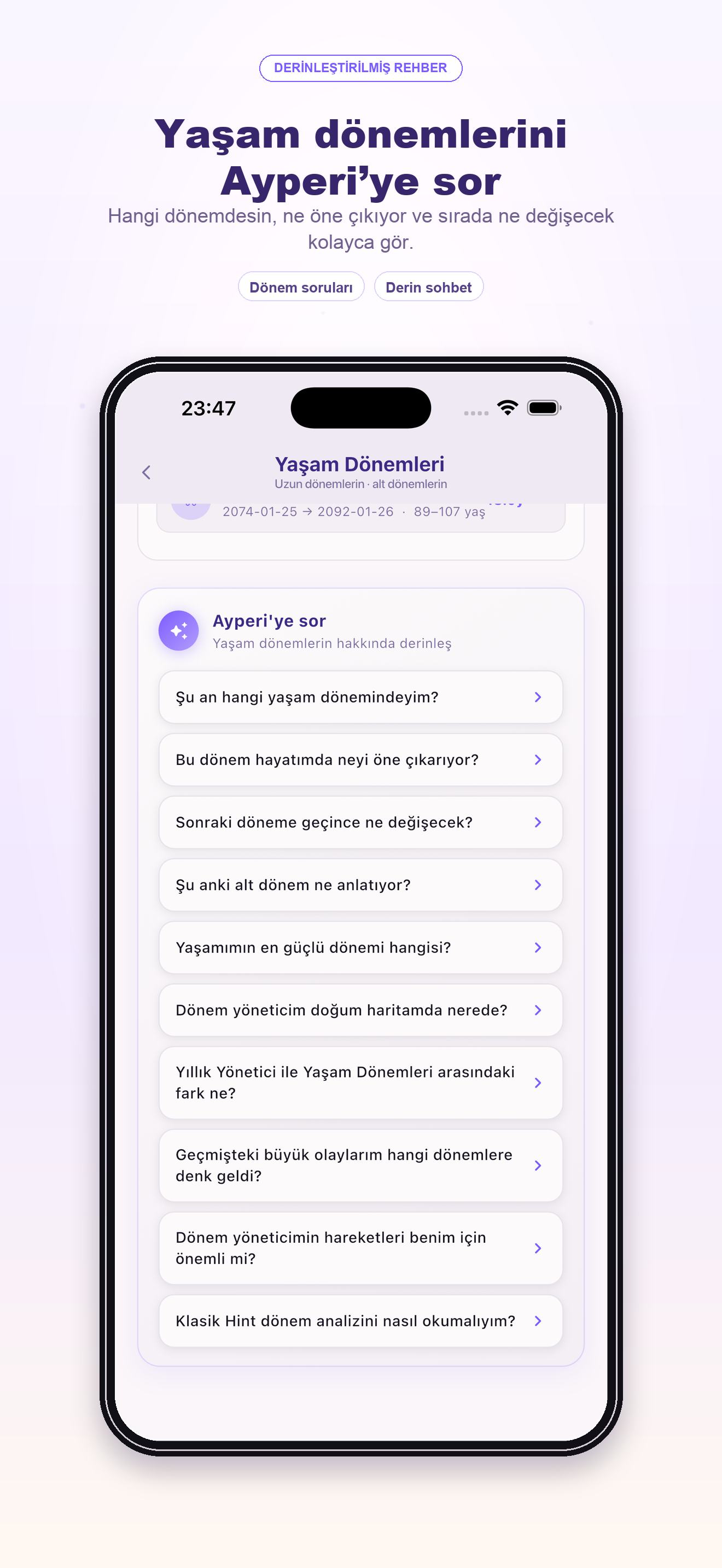 Yaşam dönemleri ekranı — Vimshottari Dasha