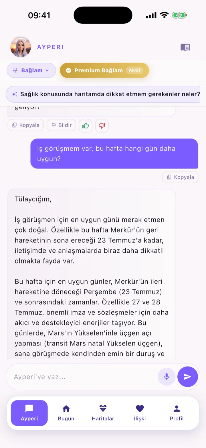 Ayperi sohbet ekranı — bağlam merkezi