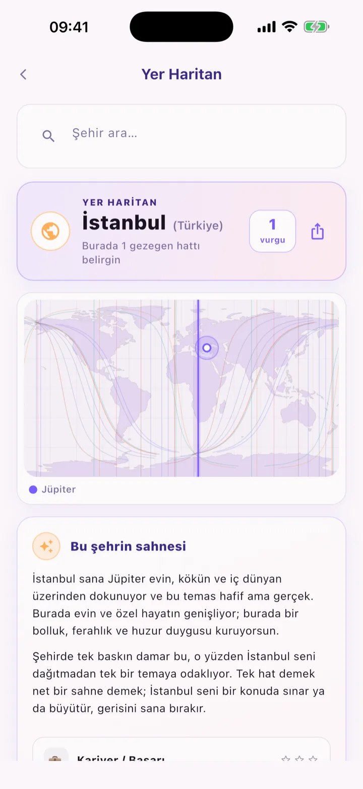 Şehir önerileri ekranı — astrokartoğrafya