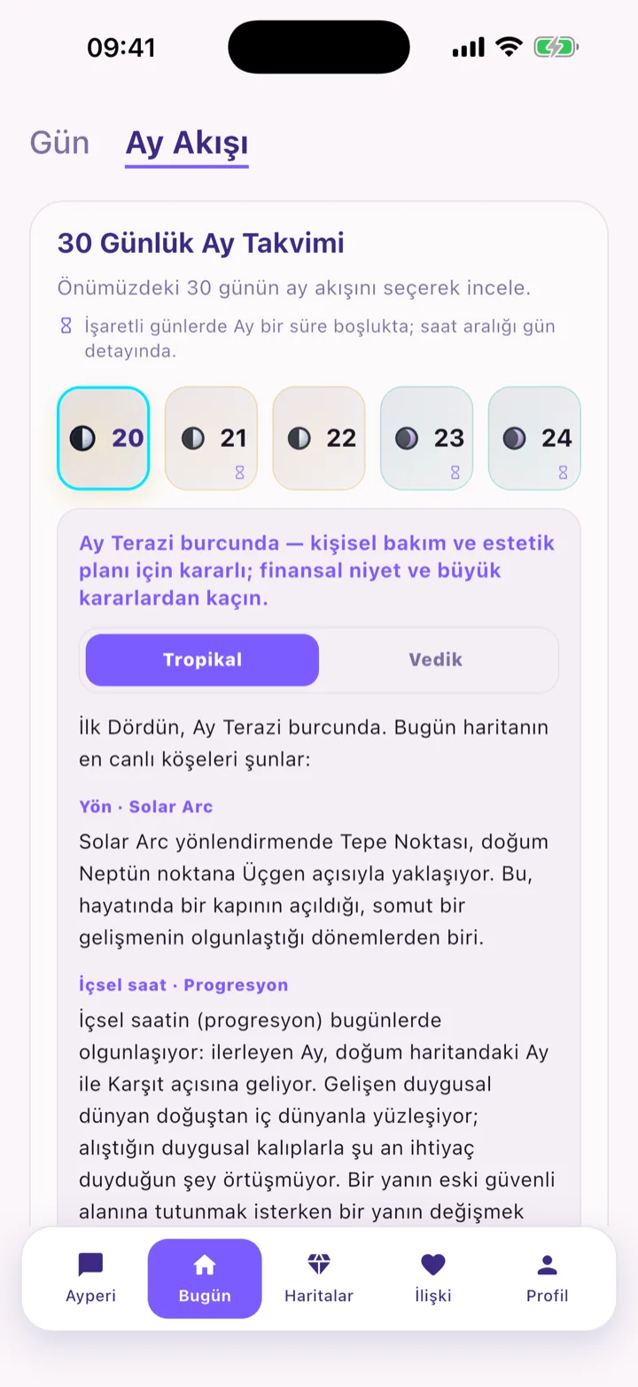 Ayperi karşılama ekranı — AI astrolog tanıtımı